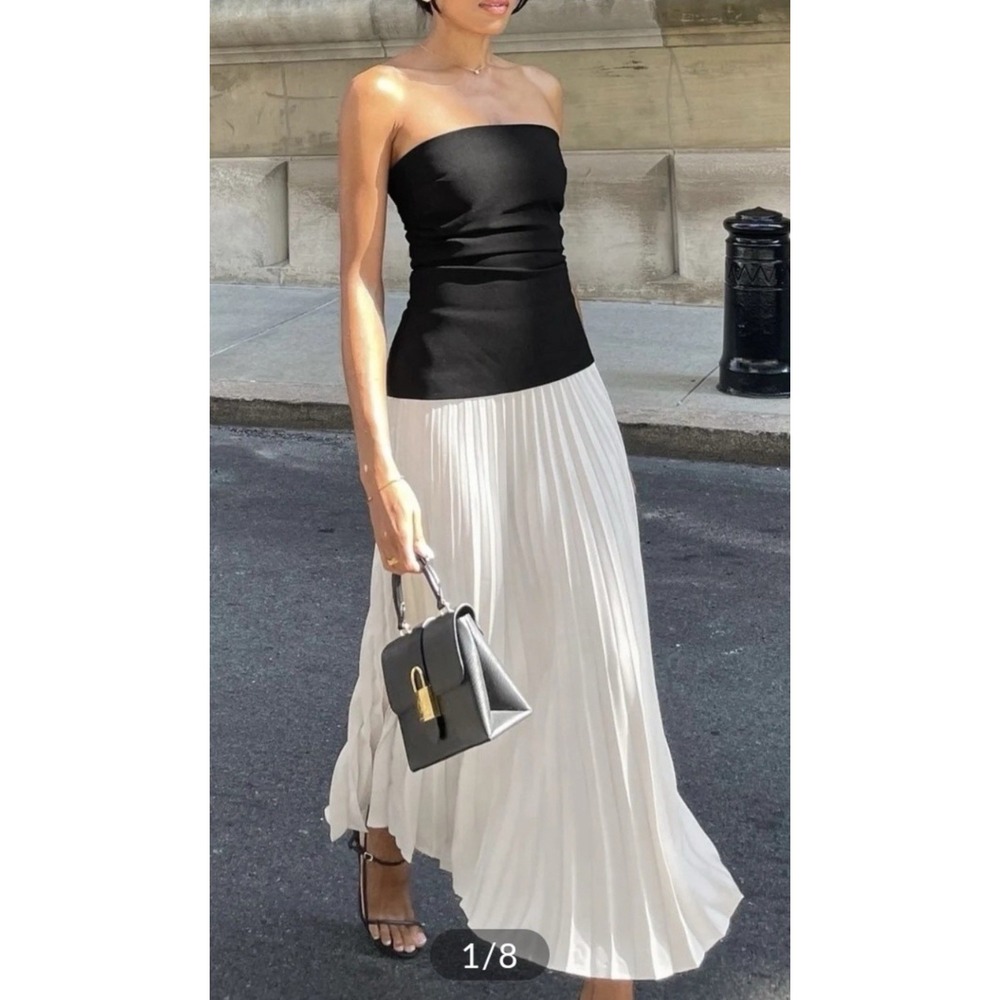 Commense Sleeveless Strapless Black & White Midi Dress Pleated Skirt Size L NWT